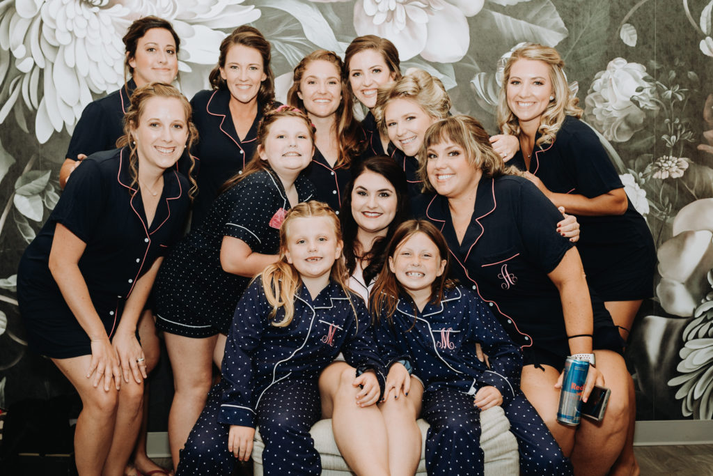 Bride and Bridesmaids in matching pajamas Garment Factory wedding day Franklin IN