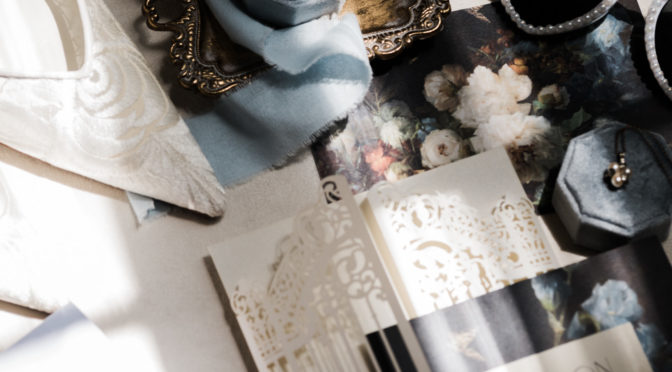 A photograph of a flat lay captured on a wedding day.